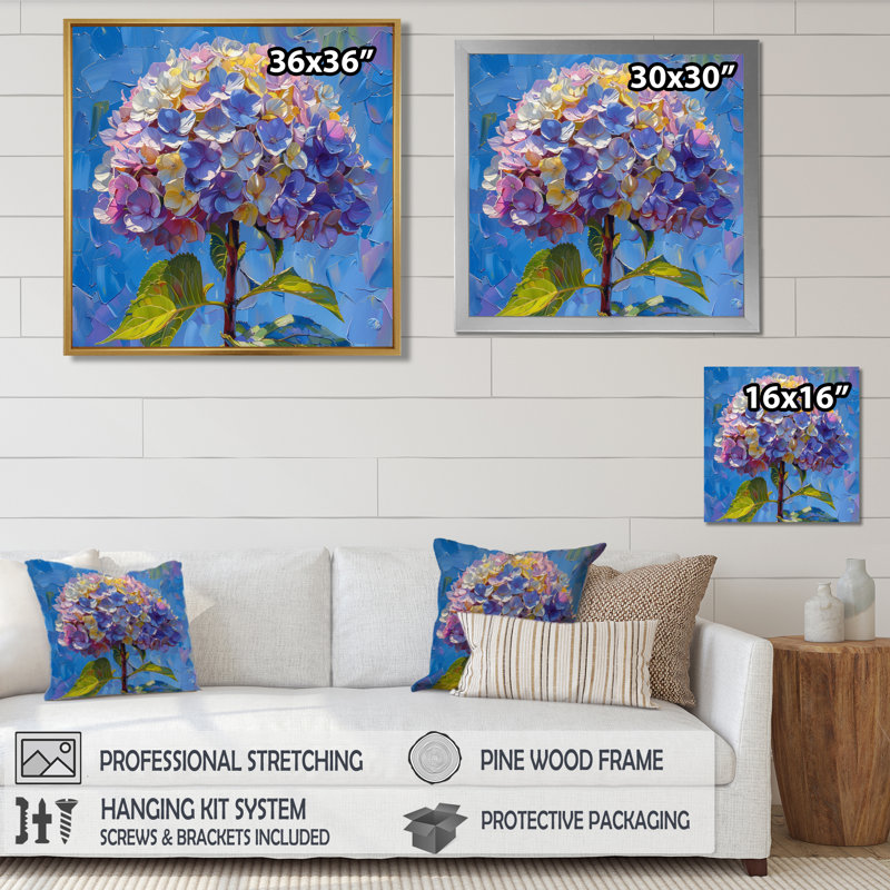Décoration murale hortensia mauve et jaune, H 16 po x l 16 po, Toile tendue