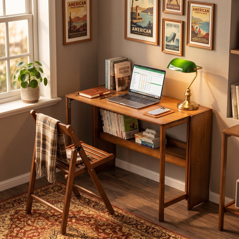 Bureau d'ordinateur pliant en bambou avec rangement caché pour petits espaces, noyer, H 29,92 po x l 32,68 po x P 21,26 po