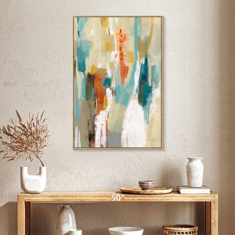 Marches sur le sable abstrait, Floating Frame Natural Wood, 25" x 37"