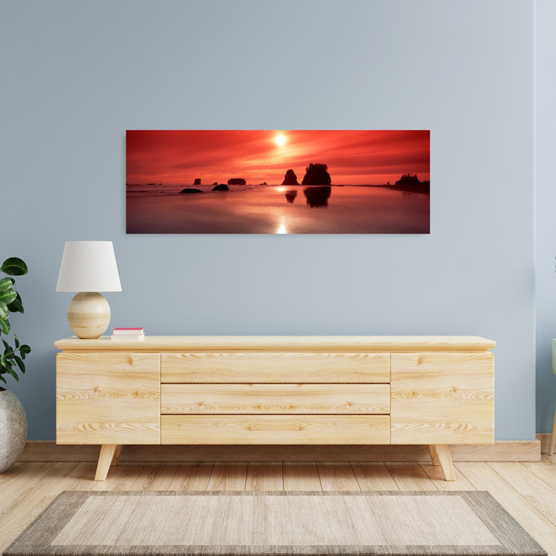 Silhouette of sea stacks at sunset Second Beach Olympic National Park Washington State USA 1 Piece Wrapped Canvas Panoramic Wall Art
