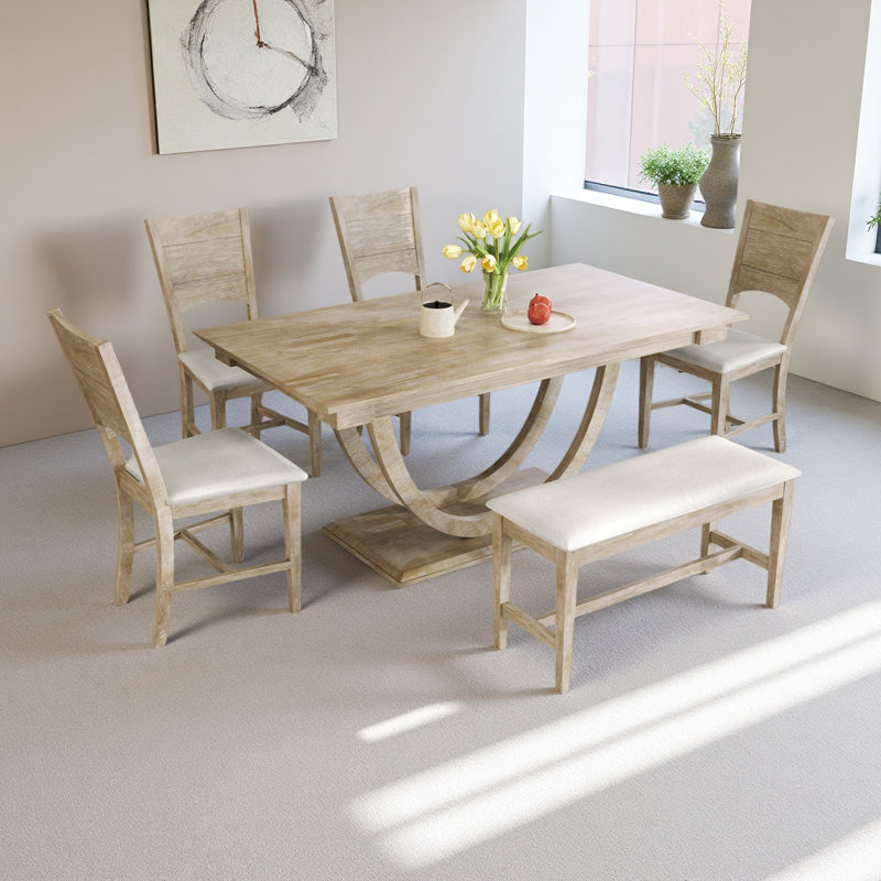 Ensemble de 6 tables de salle à manger en bois 6 pièces avec banc long et 4 chaises, Dérive en mer, Dérive en mer