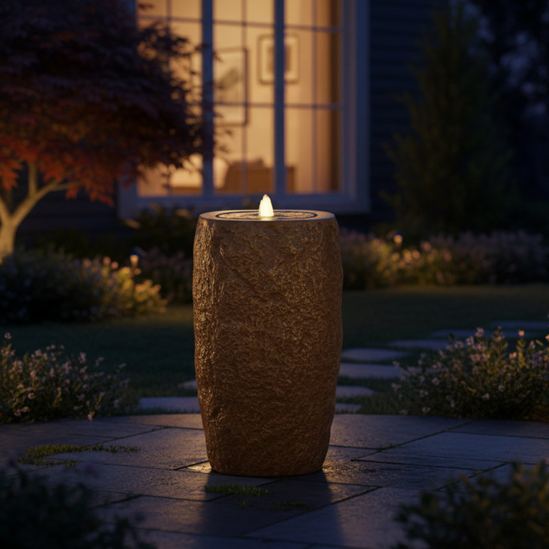 Cylinder Polystone LED Outdoor Bubble Fountain - Brown, Brown