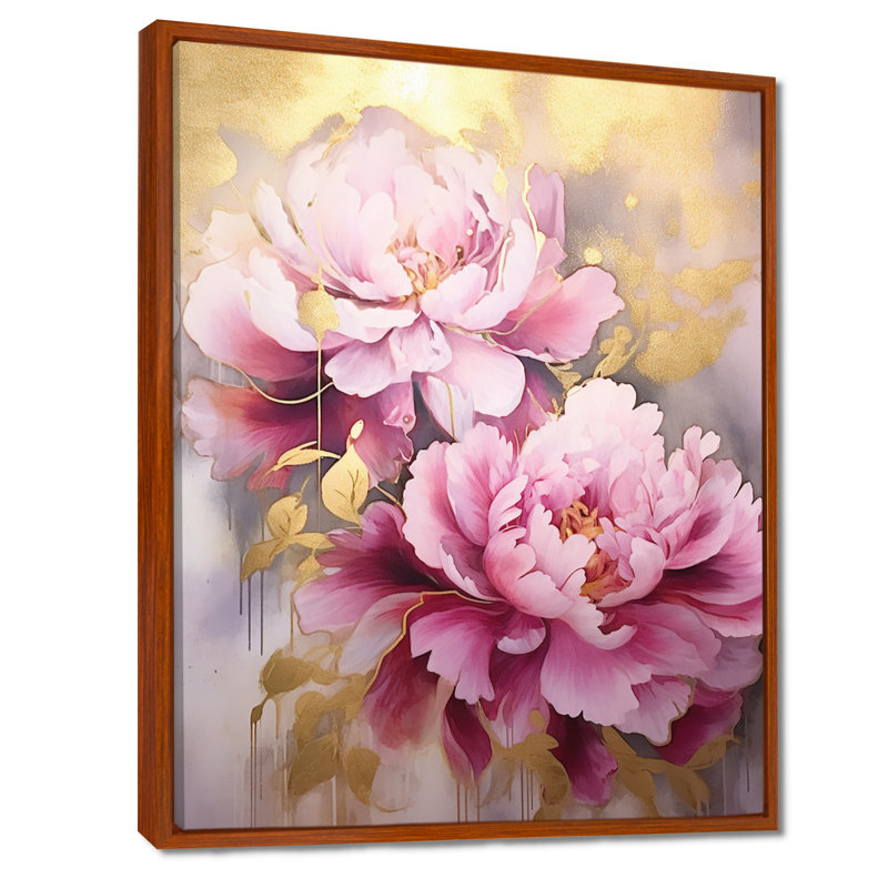 Art sur toile pivoines roses et dorées I Radiance I, H 32 po x l 16 po x P 1 po, Cadre flottant brun