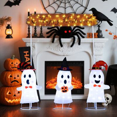 4 pièces de décoration d'Halloween avec barrière, enseigne Happy Halloween, 170 lumières DEL pour la cour