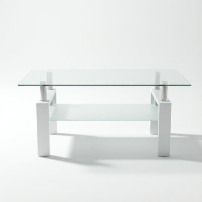 Contemporary Rectangular Glass Coffee Table with Iron Frame with Double Layer Storage Space