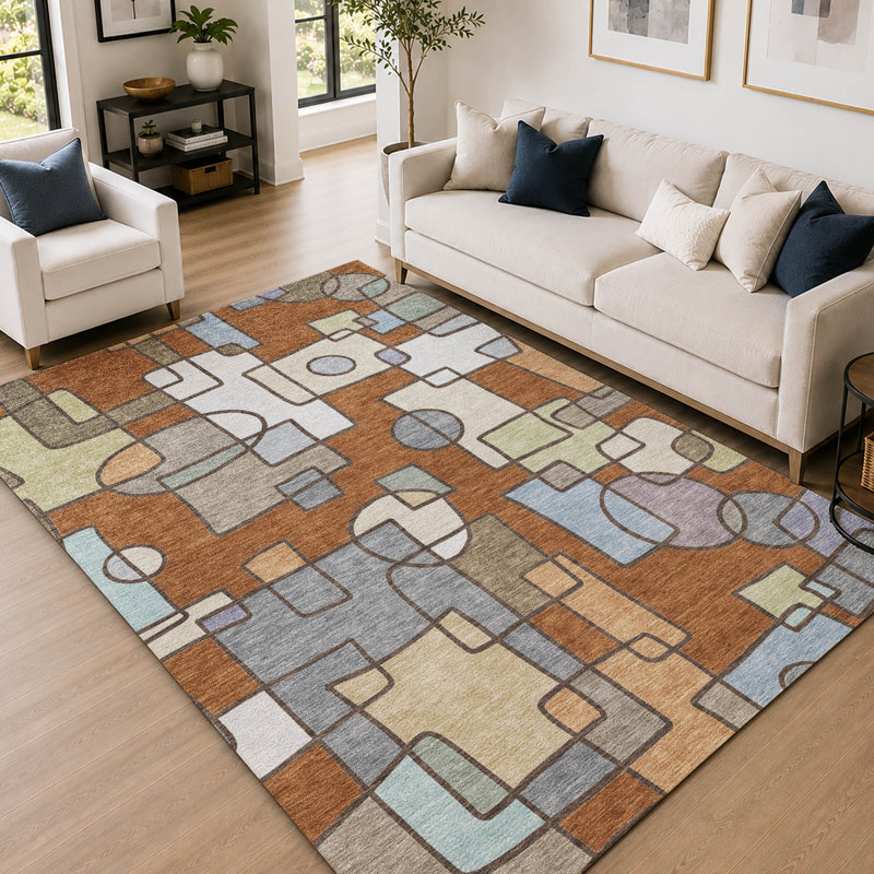 Tapis géométrique de qualité supérieure lavable à la machine Prisco, Paprika, 10 pi x 14 pi