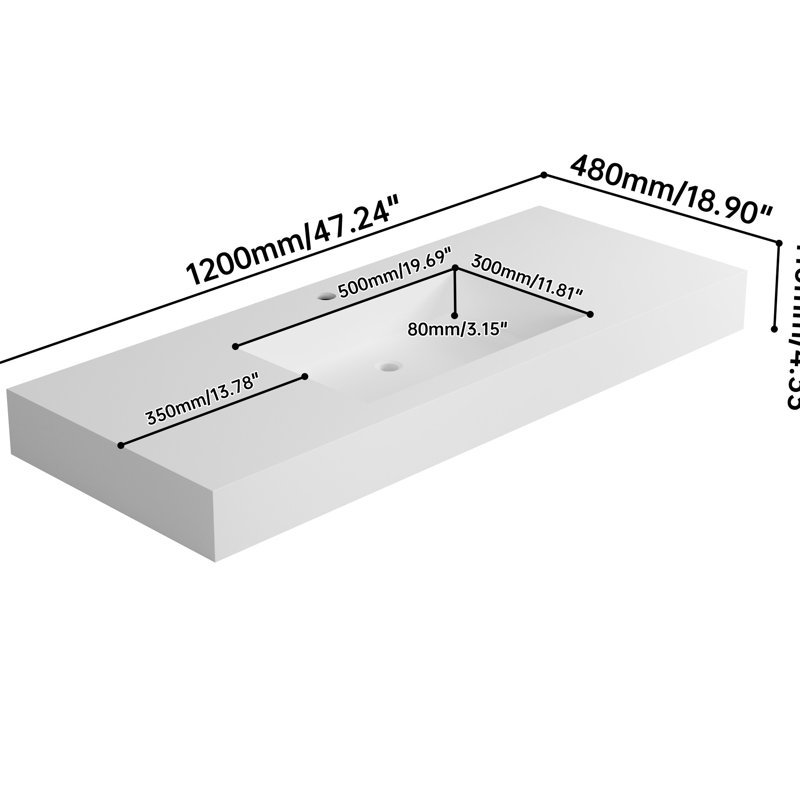 Lavabo de salle de bain en pierre en pierre avec surface solide - profondeur 45,83 po, largeur 19,19 po, hauteur 4,3 po, 54,15 lb adaptable à tous les plans, finition teintée, options d'installation flexibles, silhouette épurée,