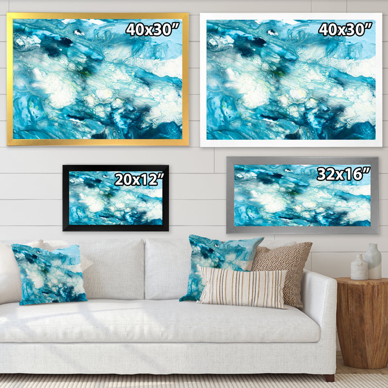 Liquide bleu univers - peinture sur toile, Cadre photo doré, H 34 po x l 44 po