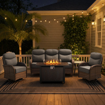 5-Piece Outdoor Patio Wicker High Backrest Fire Pit Conversation Set With Swivel Chairs And Sofa