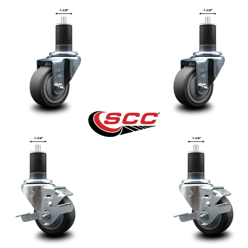 3 Inch Thermoplastic Rubber Wheel Swivel 1-5/8 Inch Expanding Stem Caster Set 2 Brakes SCC