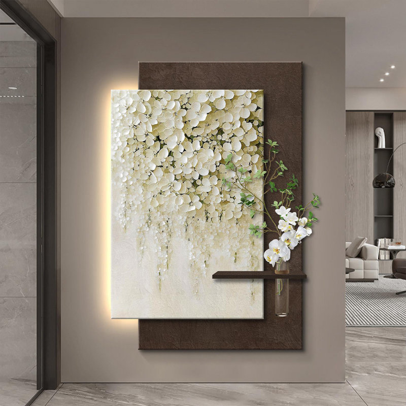 Art mural floral minimaliste en grès minimaliste avec lumières à DEL - culture de l'eau, H 59,06 po x l 39,37 po x P 1,38 po
