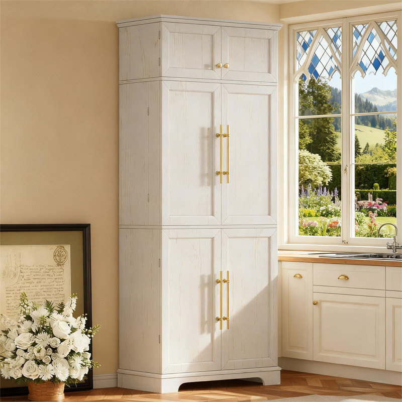 Armoire garde-manger de 78,2 po Gladwin avec tablettes, tiroir et porte-bouteilles, Blanc