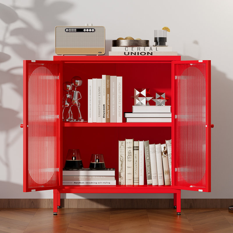 Small 2 Transparent Door Metal Storage Side Buffet Cabinet For Bed Room,Living Room,Entryway,Hallway,Home,Hotel,Office,Garage,Kitchen,2 Removable Shelf.