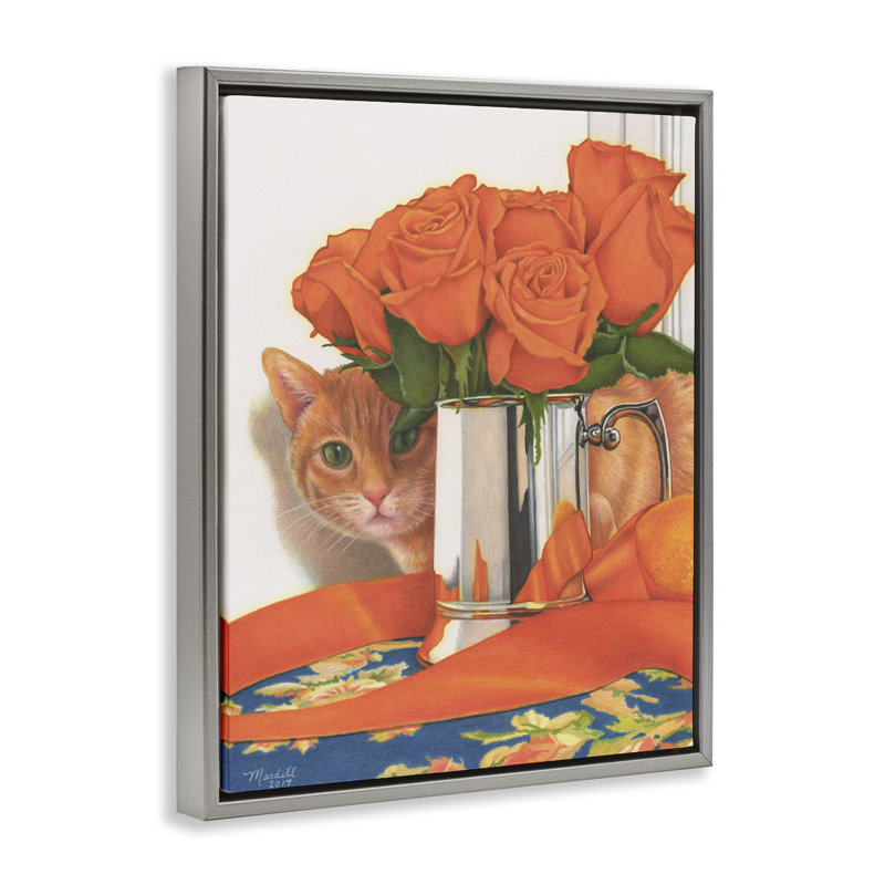 «Cat Peeking Rose Bouquet» par Mardell Schuster, Cadre flottant gris lustré, H 31 po x l 25 po x P 1,7 po