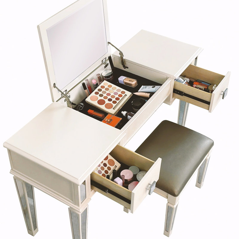 Mirrored Vanities Desk with Drawers, Bedroom Makeup Vanity Table Set with Mirror and Stool, Flip Up Dressing Table for Bedroom/Makeup Room, Working Desk for Women, Girl Furniture Combo