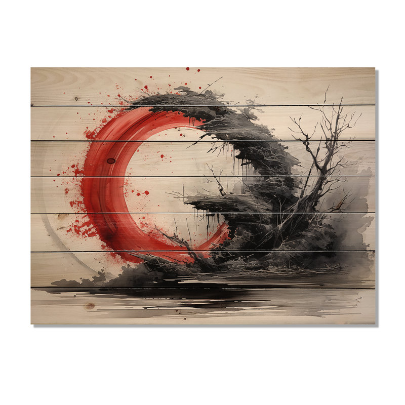 Art bouddhiste rouge et noir, impression sur bois, H 30 po x l 40 po x P 0,78 po