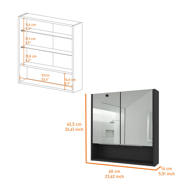 Pharmacie avec miroir Lexington, trois tablettes internes, Noir