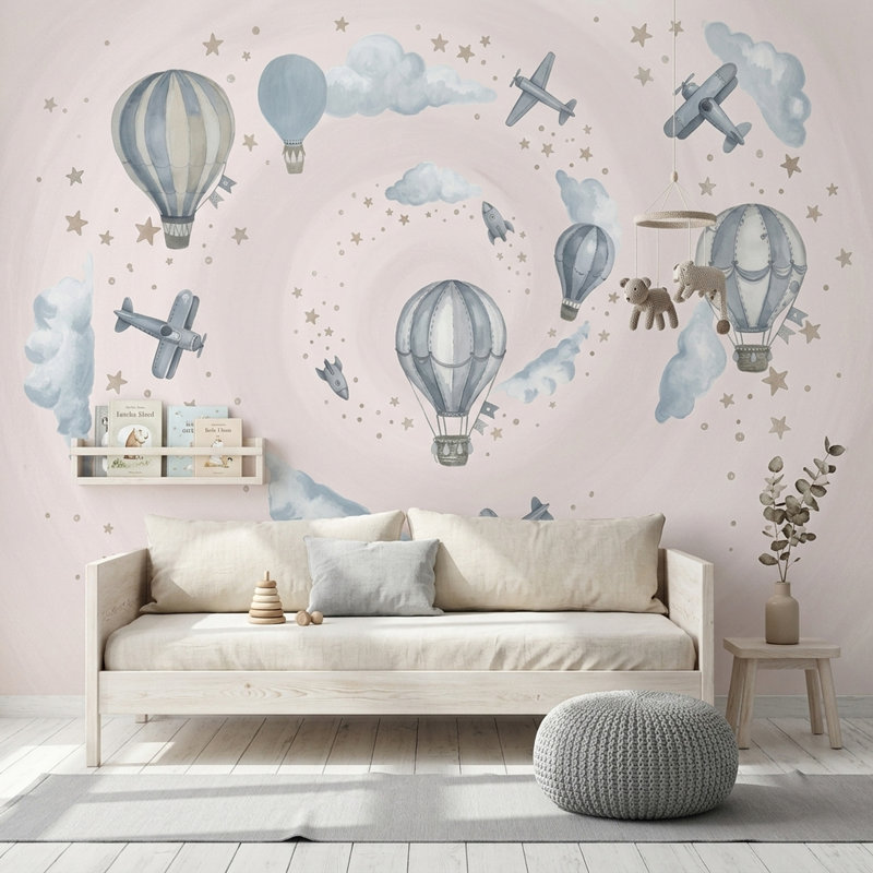 Papier peint montgolfières, nuages, 100 po x 96 po, Non-Woven Nonpasted