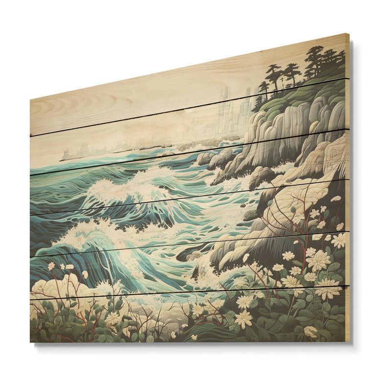 Japan Coastal Blue And White Storm I - Coastal Coral Under Water Wood Wall Art On Natural Pine Wood, 24" H x 32" W