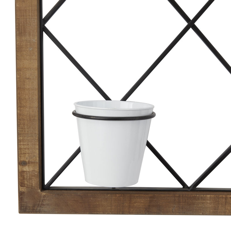 Wood Hanging Indoor Brown Wall Planter with White Pots and Black Metal Accents