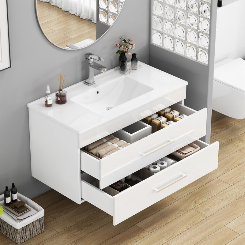 Meuble-lavabo mural blanc brillant 36 po avec tiroirs doubles 36 po
