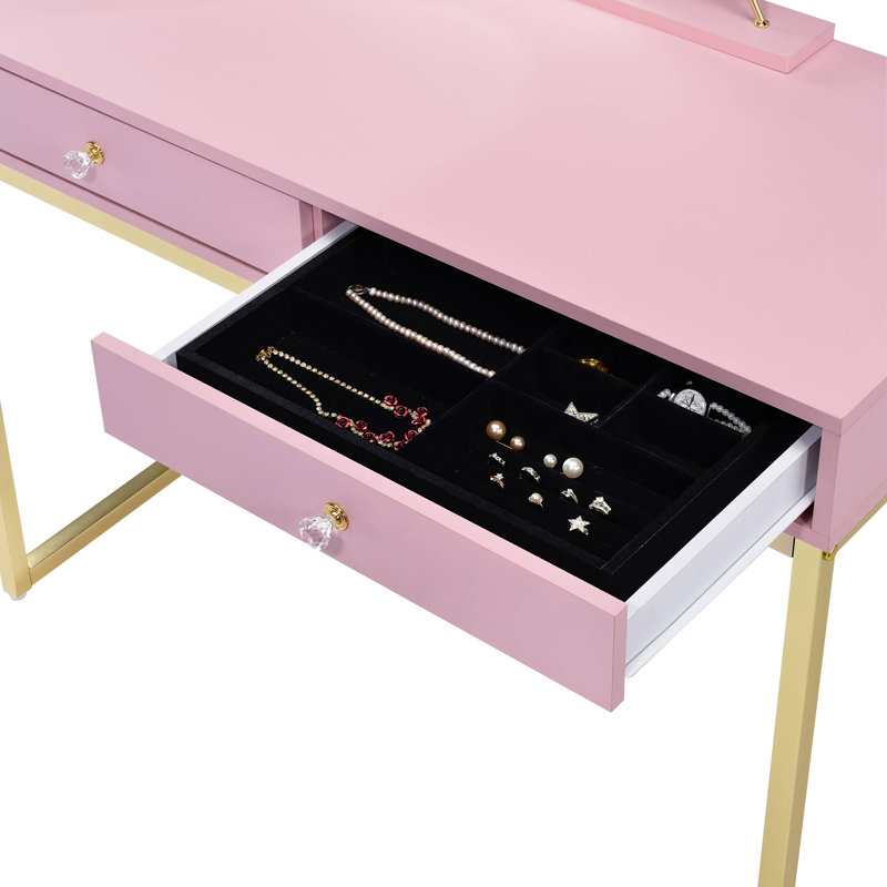 Bureau de meuble-lavabo avec miroir et plateau à bijoux Coleen Finish, Pink