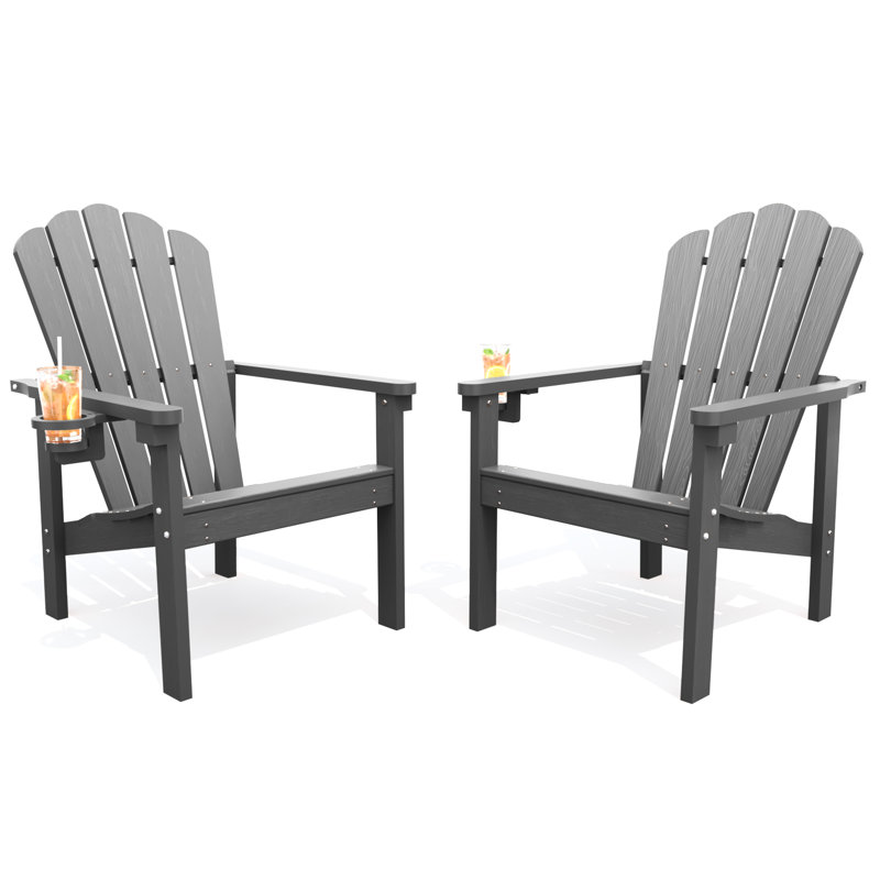 Ensemble de 2 chaises Adirondack empilables en PEHD avec porte-gobelets, chaises d'extérieur toutes saisons Dareona, Gris, 2
