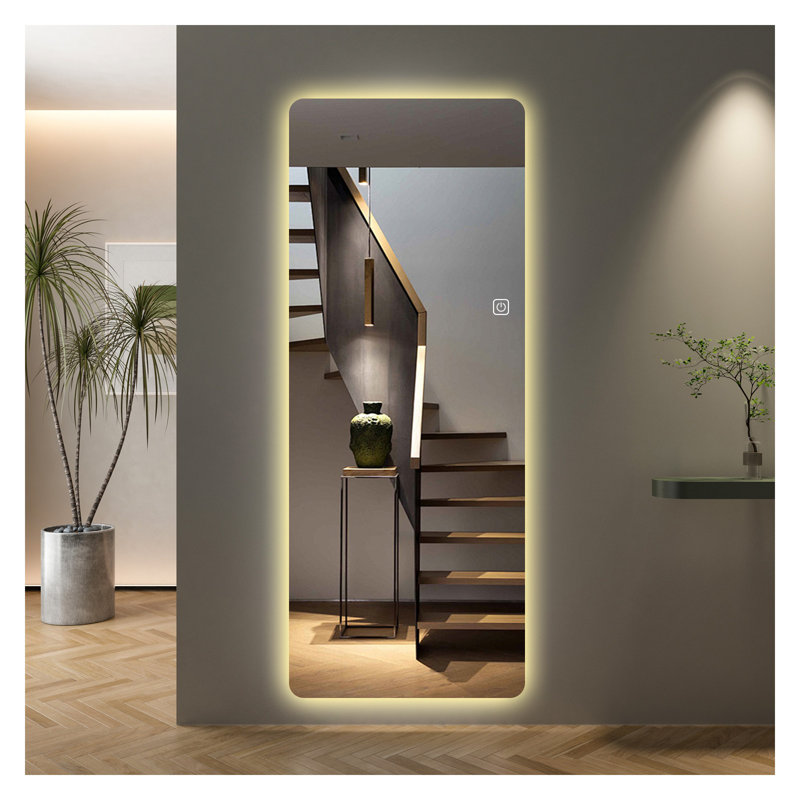 Miroir mural 65 po x 21 po avec lumières DEL intégrées, miroir de coin arrondi sans cadre, cadre argenté