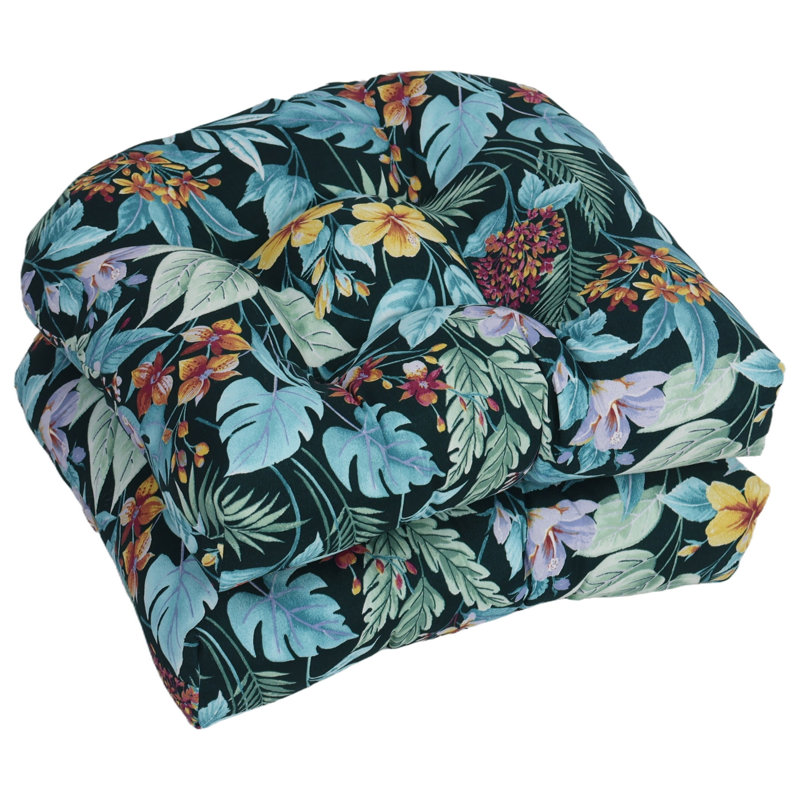 19-Inch Rounded Back Outdoor Chair Cushions (Set Of 2), Blue/Green/Carena Teal Floral