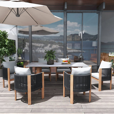 7-Pieces Faux Marble Outdoor Dining Set With Woven Rope Chairs For 6 Person (70.9")