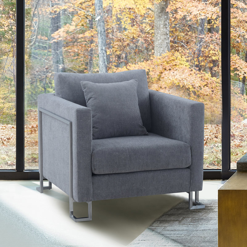 Euda Fabric Upholstered Accent Chair with Brushed Stainless Steel Legs, Gray Polyester