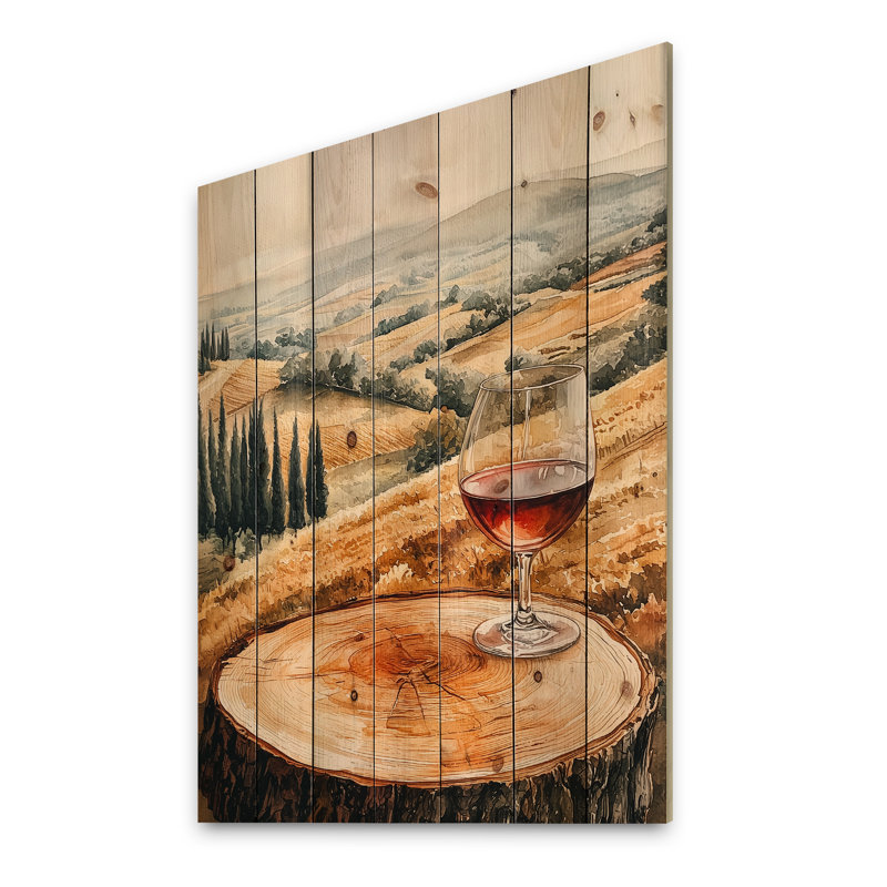Vignoble avec verre de vin en Provence III - Impression sur bois de vignoble - sur bois de pin naturel