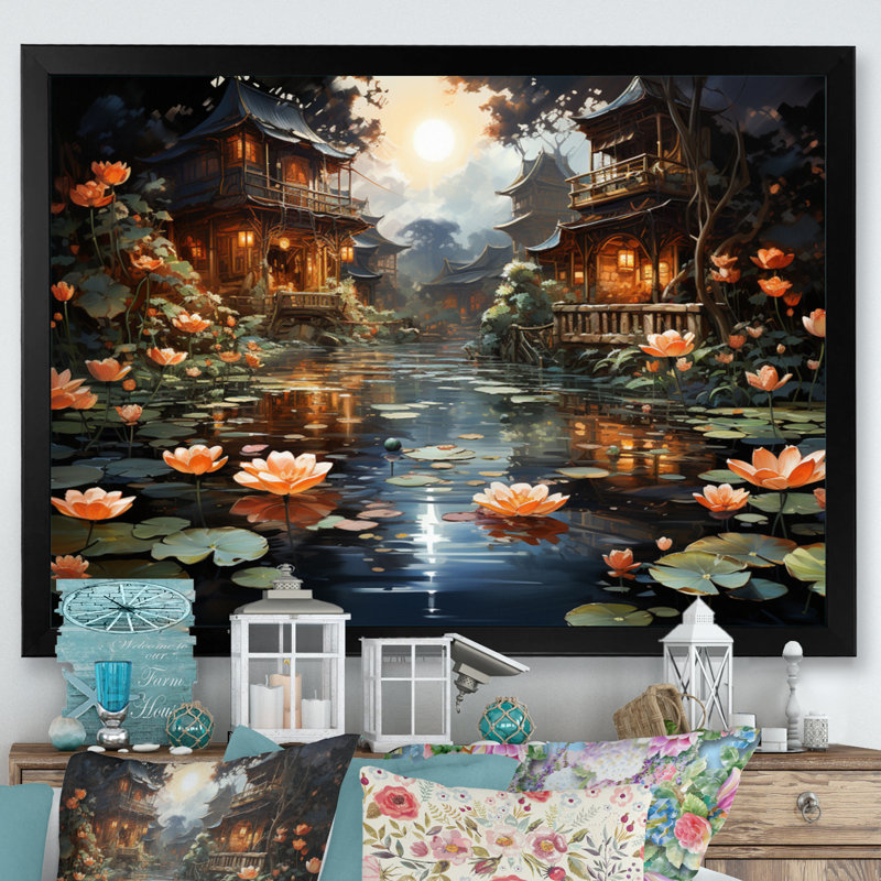 «Mariannah China Art Lotus Lantern II», reproduction, Cadre simple noir, H 24 po x l 32 po x P 1 po