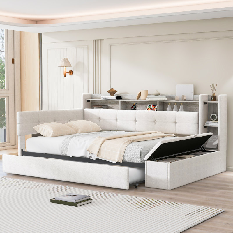 Full Size Upholstered Daybed with Trundle, Storage Drawers, Shelves, LED Light & USB Charging Station,Beige, Beige