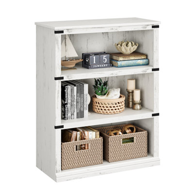 Bibliothèque Farmhouse en bois avec moulure coloniale, 5 tablettes de rangement ouvertes, structure en bois massif et panneau de fibres à densité moyenne à haute densité, 45 lb par tablette pour le salon, la chambre à coucher et le bureau personnel
