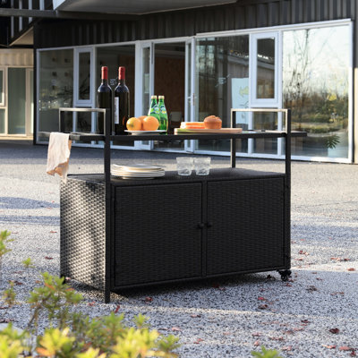 Backyard Beverage Cart - Black, With Wheels And Glass Top For Patio, Garden, Poolside Drinking Stylish Rolling Outdoor Bar Tabletop Design Backyard,