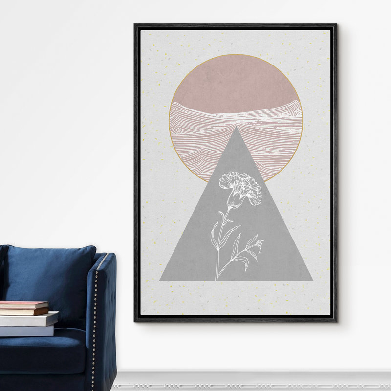 «Signature», reproduction d'art sur toile encadrée, duo rose et gris à motif de fleurs avec silhouette de plantes abstraites, art moderne moderne Mid-Century pour le salon, la chambre à coucher, le bureau