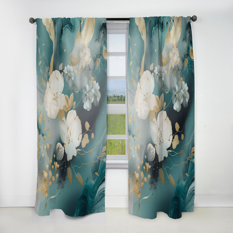 Cathia - Golden Blue Marble Flower Design II - Floral Curtain - Velvet Room Darkening - 1 panel, 52" W x 108" L