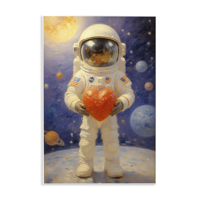 Astronaute tenant une plaque murale cœur, design par Angie Hawke, H 15 po x l 10 po