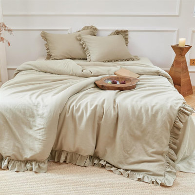 Ensemble de housse de couette en coton à volants en lin 3 pièces, mélange naturel respirant avec des détails de volants féminins (1 housse de couette et 2 taies d'oreiller)