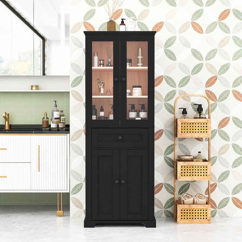 Armoire de rangement pour salle de bain avec tablettes réglables et tiroir, Noir