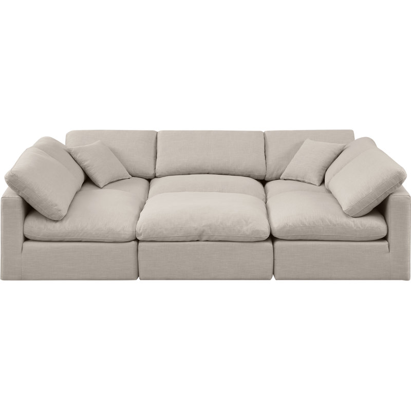 Canapé et méridienne rembourrés 6 pièces Itala, Tissu beige texturé en lin
