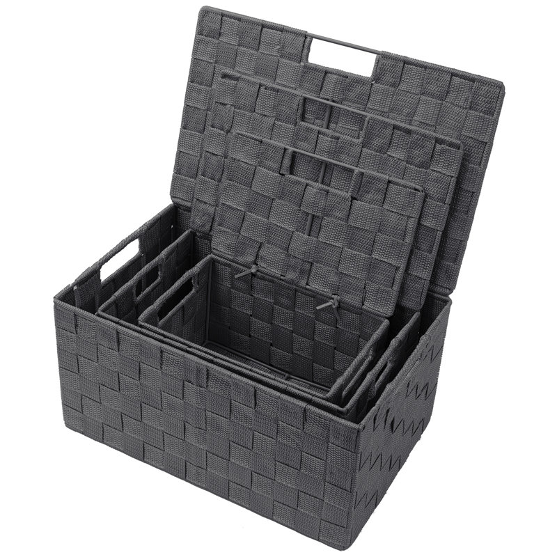 Sorbus Stackable Woven Basket with Lid and Handles 3 Pack, Gray