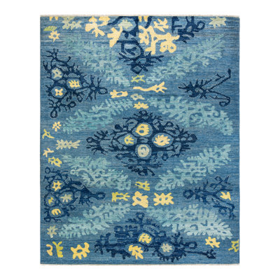 Tapis bleu en laine noué à la main de conception unique 9 pi x 11 pi 10 po New Age