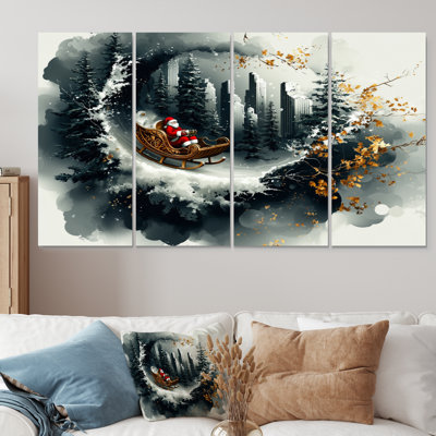 Red Santa's Christmas Sleigh Ride Fun - Christmas Santa Deer Wall Decor Set