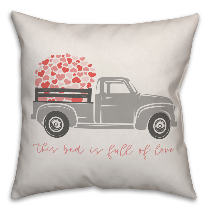 Love Truck Gray and Red Spun Polyester Square Throw Pillow