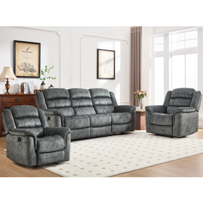 3-Piece Modern And Super Soft Microfiber Manual Reclining Living Room Set With 2 Overstuffed Recliners & A Comfortable Sofa