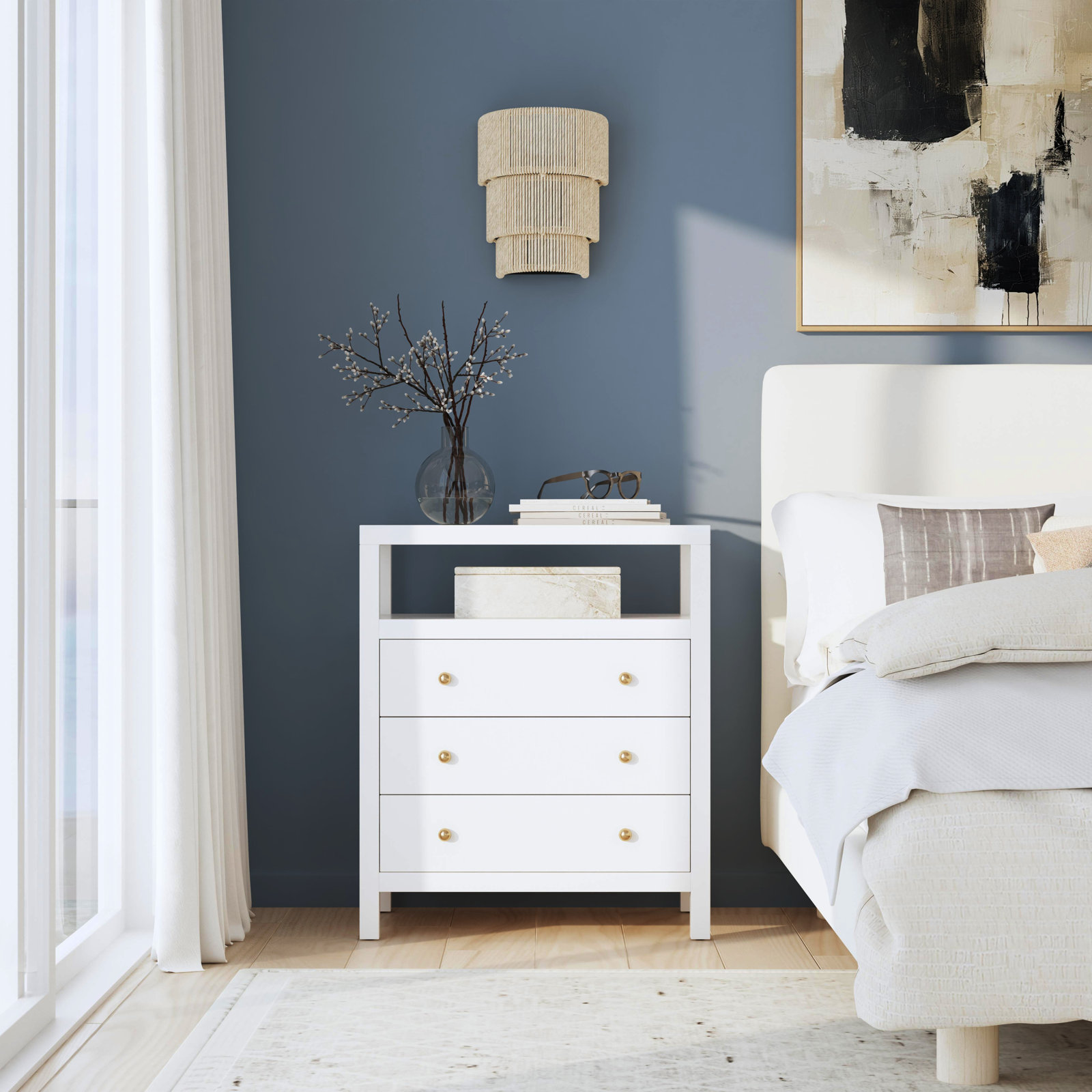 Celine 3-Drawer Acacia Nightstand, Smooth White
