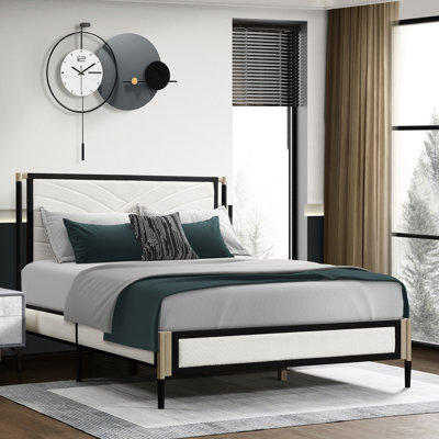 Casual Full Size Platform Bed With White Boucle Upholstered Headboard, Champagne Silver And Black Frame, Silent Slats Design For Restful Nights, Strong Support Mattress Metal Peaceful Bedroom, Load