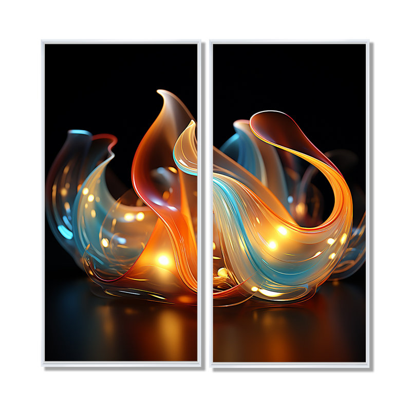 Feu, vagues d'eau bleues et orange - formes abstraites sur toile, formes modernes, H 40 po x l 40 po, Blanc